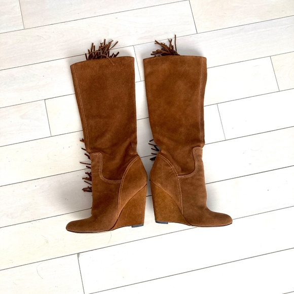 ALDO Fringe Wedge Boots - Cognac Brown Faux Suede - Size 36 - Picture 6 of 14